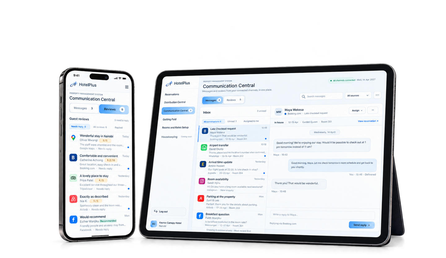 HotelPlus Communication Central concept with messages on iPad and reviews on iPhone.