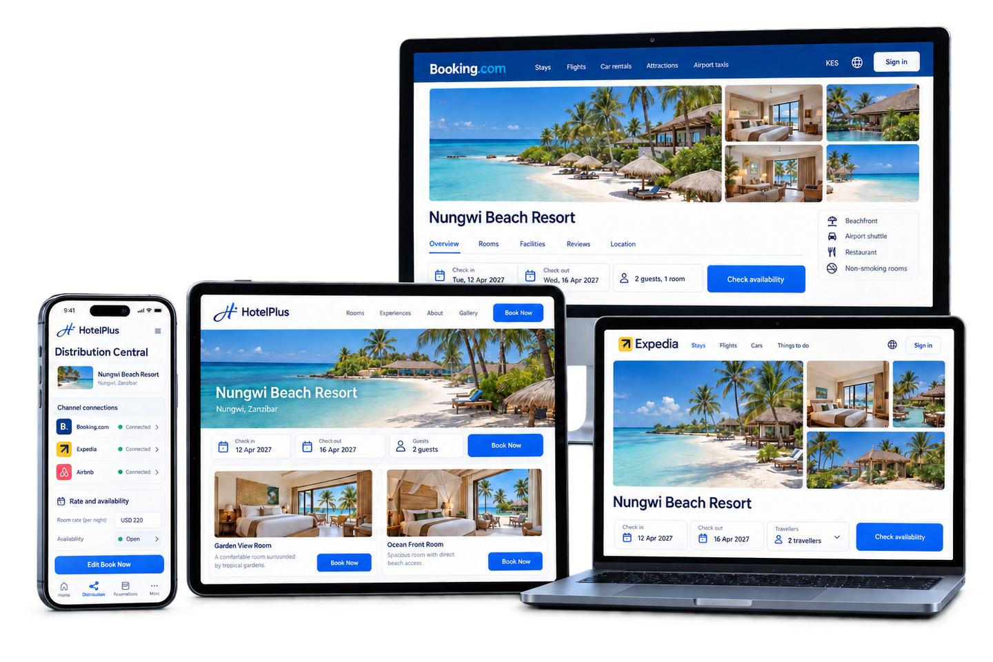 HotelPlus Cloud concept: Distribution Central on iPhone, Nungwi Beach Resort Book Now on iPad, Booking.com on desktop and Expedia on MacBook.
