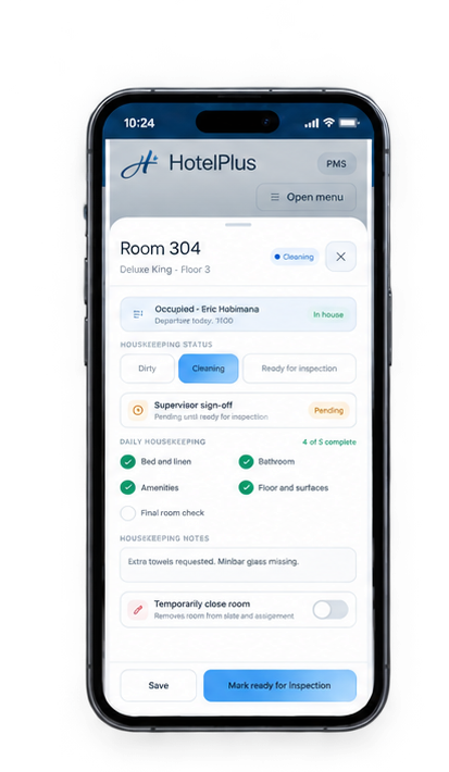 HotelPlus mobile reception concept shown on an iPhone.